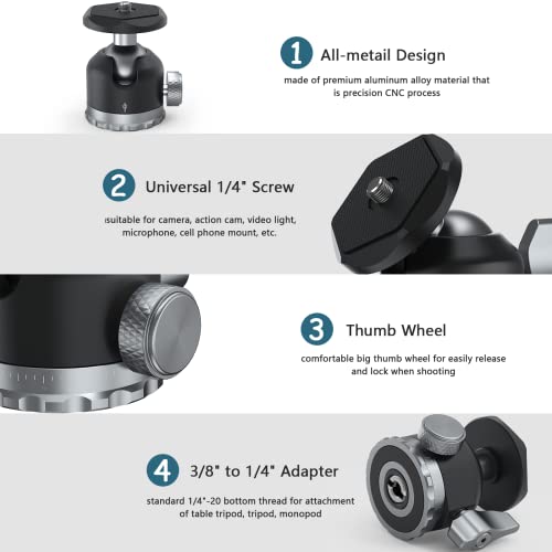 POYINCO Tripod Ball Head 360 Degree Rotating Panoramic Ballhead with 1/4 inch Screw 3/8\" Thread Mount, Max Load up to 5 kg/ 11lb,for Monopod, DSLR, Phone, Gopro