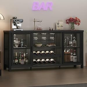 Liquor bar cabinet industrial wine bar cabinet rustic sideboard buffet cabinet for liquor glasses coffee bar with storage rack for home kitchen dining room dark grey oak 55 in  urban country home decor