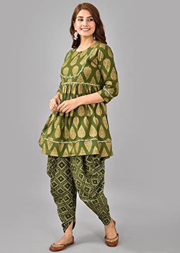 Image of H&N Women 's Casual Cotton Slub Anarkali Printed Kurta with Dhoti (Green)
