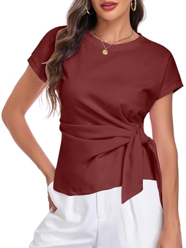 Image of HOTIAN Womens Cap Sleeve T Shirts 2026 Tie Waist Wrap Tops Crew Neck Blouses Dressy Casual Loose Work Business Dressy