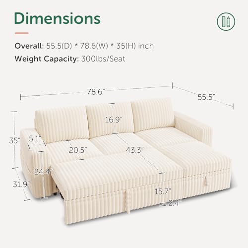 Image of HONBAY Modular Sectional Sofa with Pull Out Bed,Corduroy L Shaped Sleeper Sofa with Storage, Sectional Couches for Living Room,Beige