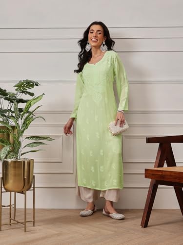 Image of Ada Hand Embroidered Lucknowi Chikankari Viscose Georgette Kurta Kurti for Women A411185