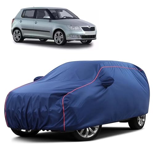 Image of Sulfar 100% Water Resistant Car Body Cover Compatible with Mirror for Skoda Fabia (Triple Stitched, Full Bottom Elastic, Blue Taffeta with Red Piping)