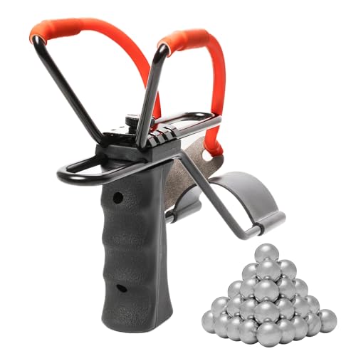 Generico Fionda Professionale da Tiro per Adulti e Caccia, Massima Precisione, Sistema Regolazione Elastici 34cm, Tiro Utile 50m, 50 Biglie Acciaio Omaggio