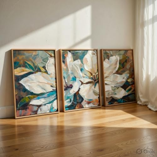 Image of Livin'luxe Abstract Floral Wall Painting Set of 3 with Wooden Frames | Modern White Flower Artwork HD Sparkle Laminated MDF Wall Decor | Contemporary Floral Wall Art for Living Room Bedroom