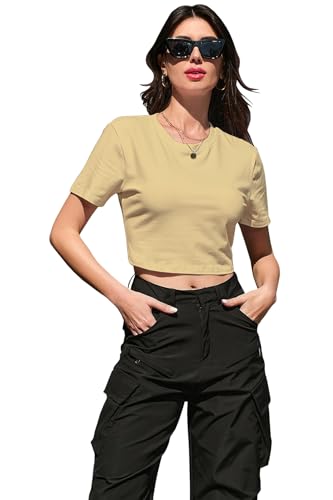 Image of Betusline Girls & Women Basic Summer Short Sleeve Slim Fit T-Shirts Soft Crewneck Crop Y2k Tee Cute Gym Fashion Clothes