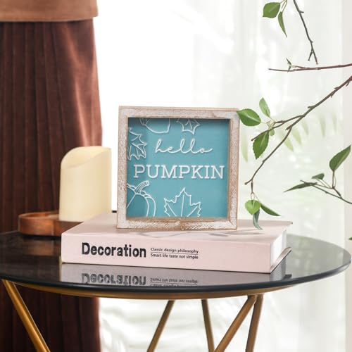 Image of Embossed Hello Pumpkin Sign, Rustic Fall Decorations for Home, Thanksgiving Centerpieces for Table Cubicle Desk Mantel Fireplace, Autumn Tiered Tray Decor