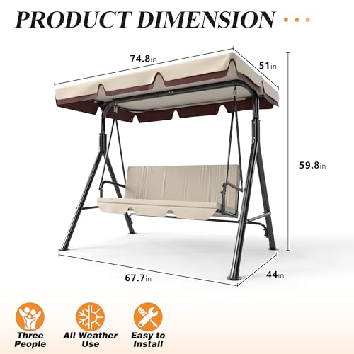 Image of GARTOO 3-Seat Patio Swing Chair, Outdoor Porch Swing with Adjustable Canopy and Durable Steel Frame for Patio, Garden, Poolside (Beige)