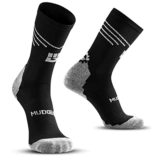 MudGear Mid-Length Compression MTB Socks - Men's Sports Socks for Mountain Biking And Cycling, Spartan Race, Tough Mudder, Gym, Running,Hiking,Work - 1-Pair Cushioned Athletic Socks (Black, Medium)