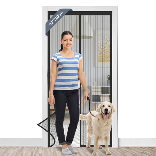 JelKen Fly Screen Door 90x210cm, Heavy Duty Magnetic Screen Curtain Patio Insect Mesh - Durable, Full Frame Magic Tape, Keeps Bugs Out Lets Fresh Air in - Black