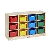 ECR4Kids 12 Cubby Mobile Tray Cabinet and 15 Scoop Front Bins, 3x4, Kids Furniture, Assorted