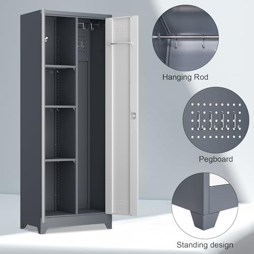Image of Broom Storage Cabinet, Metal Utility Storage Cabinet with Hanging Rail, 65 inch Tall Cleaning Tool Organizer with Shelves and Doors, Cleaning Storage for Home, Garage, Office, Balcony