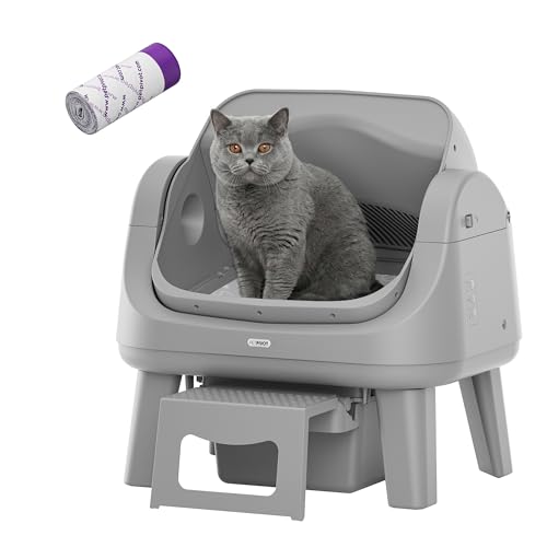 PetPivot Open Top Self Cleaning Cat Litter Box, Automatic Litter Box with 7 Pairs of Safety Sensors, Anti-Pinch Protection and Easy Access Step for Senior Cats, Dark Grey