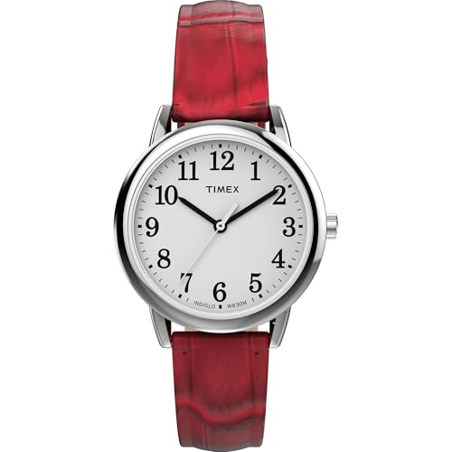 Timex Women's Easy Reader 30mm Watch – Silver-Tone Case White Dial with Red Croco Pattern Leather Strap
