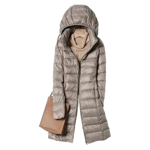 Chaqueta larga sin plumas para mujer, medio muslo, ligera y acolchada alternativa al plumón con capucha, Caqui, XX-Large