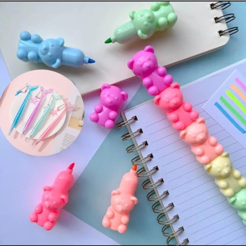 Kit Marca Textos Ursinho com Caneta Fofa - Kawaii - Conjunto de Canetas fofas, material escolar, esc