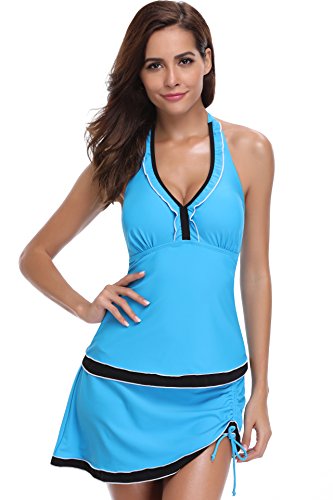 Preisvergleich Produktbild SHEKINI Damen-Bademode, integrierte Shorts, rückenfrei, Schnürung, Badeoberteil, Retro-Badekleid, zweiteiliger Tankini-Badeanzüge - Blau - XX-Large