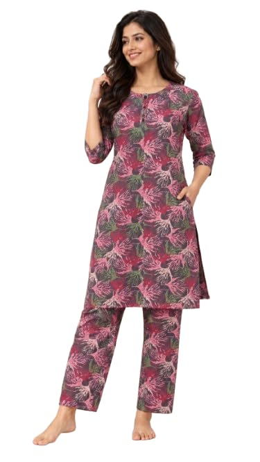 Image of Duchess Women's 100% Pure Cotton Printed Night Suit | Stylish Long Length Top & Pyjama Set | Ultra Soft, Breathable Sleepwear & Loungewear Homewear Nightwear Set | Plus Size Friendly