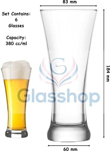 6 Piece Pilsner Beer Glasses Set. Classic Pub Bar Plain Clear Beer Glasses. (380 cc/ml) (38cl)