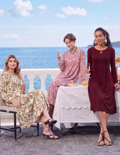 Image of Zeagoo Fall Dresses for Women Long Sleeve Midi Dress Casual A Line Dresses 2026 Pleated Flare Dress with Pockets