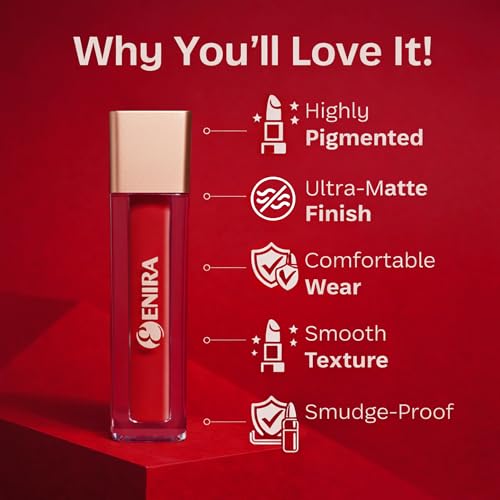 Image of ENIRA Blood Red Liquid Lipstick for Women | 4ml | Matte Liquid Lipstick | Waterproof | Transfer Proof | Smudge Proof | Long Lasting | Highly Pigmented | Vitamin E | Lightweight Non-Sticky Formula