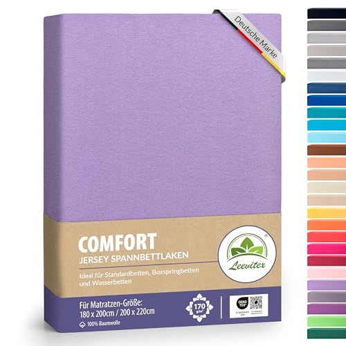 leevitex® Premium Spannbettlaken 180x200–200x220 cm | 40 cm Steghöhe – für Standard-, Boxspring- & Wasserbetten | 100% Mako-Jersey-Baumwolle | ÖKO-TEX Zertifiziert | 170 g/m² | Flieder/Lavender