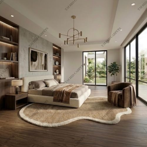 Image of Tauhid Carpet Modern Irregular Shape Shaggy Rug | Super Soft Microfiber Area Carpet for Living Room, Bedroom Designer Cloud Shape MBeige with Ivory Border 6x9 Feet.