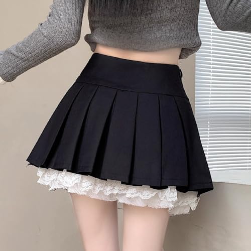 Women's High Waisted Pleated Skirt Skater A Line Mini Uniform Skirt with Lace Trim4