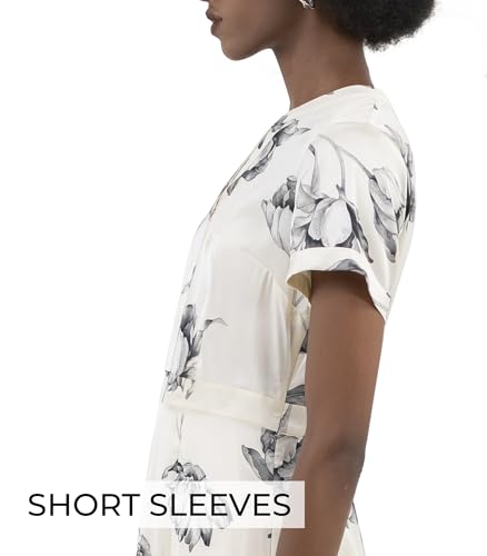 Womens Midi Dress Silk White V Neck Band Collar A Line Short Sleeves Pull On Work Office Business Casual4