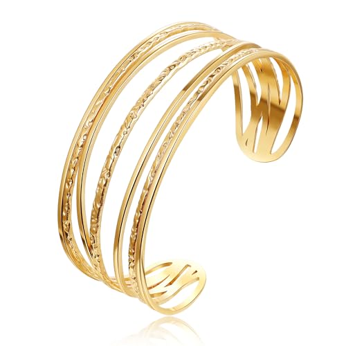 NICEIGHT 18K Gold-Plated Cuff Bracelet for Women Irregular Adjustable Open Bangle Cuff Bracelets Chunky Wide Multi-layer Hammered Cuff Bracelet S5