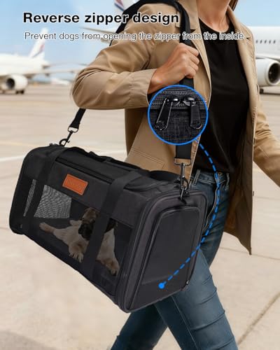 Image of Pet Carrier Airline Approved for Pets Up to 10 Lb, 17x11x9.5 in | Underseat, Top & Side Entry Soft Dog Cat Travel Carrier with Safety Zippers & Anti-Scratch Mesh for Small Cat and Dog, Black