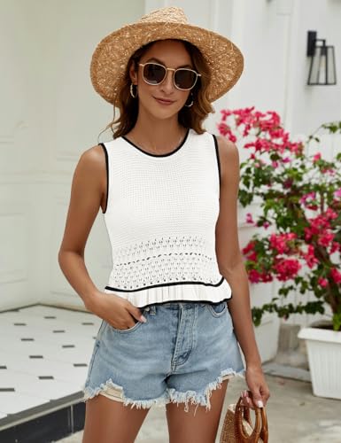 Image of VIMPUNEC Womens Crochet Crop Tank Tops Sleeveless Knit Sweater Vest Ruffle Hem Summer Top