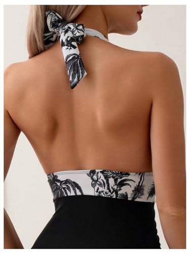 Verdusa Women's Colorblock Tropical One Piece Swimsuit Tummy Control Halter Bathing Suit4