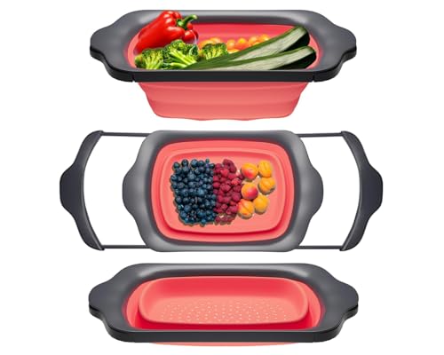 Comfify XL Large Kitchen Strainer - Collapsible Silicone Over-The-Sink Colander with Extendable Handles - Use with Pasta, Fruit, Berries & Veggie - 6 Quart - Coral