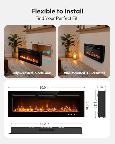 Image of EUHOMY 50 Inch Electric Fireplace Recessed Wall Mounted with Remote Control, Fireplace Heater with Adjustable Flame Color, Linear Fireplace with Timer, Log & Crystal, 750 /1500W (2026 Upgrade)