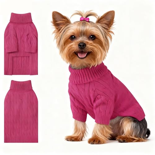 Image of Small Dog Thermal Pullover Sweater, Classic Turtleneck Cable Knitwear Dog Clothes for Cold Weather Warm Pet Clothes for Chihuahua, Bulldog, Dachshund, Pug Hot Pink Small