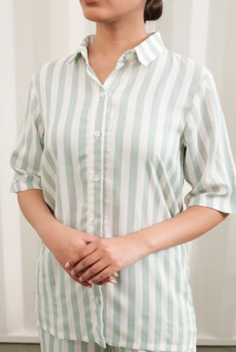 Image of Women's Cotton Loungewear, Nightwear Green and White Stripes Half Sleeves Shirt with Pyjama ; DR.BD-PS-MGSPS