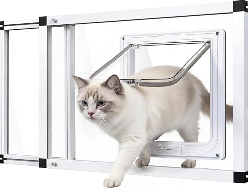 Full Glass Cat Door for Window 22-28.5 Adjustable Width 1-Min Install | 4 Locking Modes Aluminum Frame HD Glass Magnetic Closure Weatherproof Sliding Pet Door Window Insert for Cats