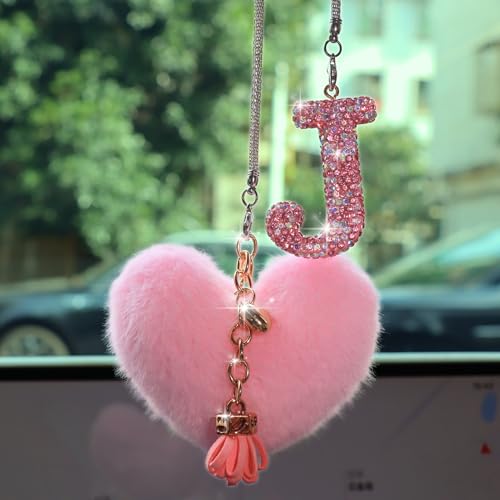 MOTOFITOOL Bling Pink Car Accessories for Women Letter Charm, Rainbow Color Rear View Mirror Cute Crystal Pendant Car Decorations, Lucky Gifts Diamond Rhinestone Charm Interior (J, Tassel Heart)