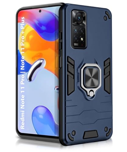 Image of WOW IMAGINE Shock Proof Back Case Mobile Cover for Redmi Note 11 Pro | Note 11 Pro + Plus | Back Cover Case (Tough Armor | Hybrid PC + TPU | Ring Holder & in-Built Kickstand | Blue)