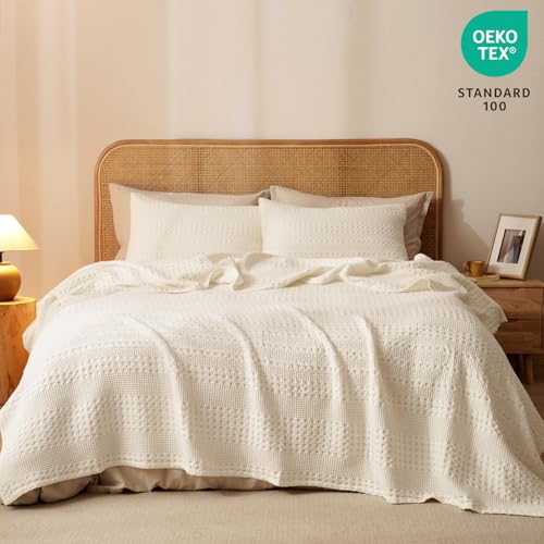 Image of PHF 100% Cotton Waffle Blanket King Size for Bed, Lightweight Breathable and Soft for Summer, Luxury Aesthetic Waffle Weave Blanket for Home Decor & Gifts for Women, 108 inchx90 inch, Natural