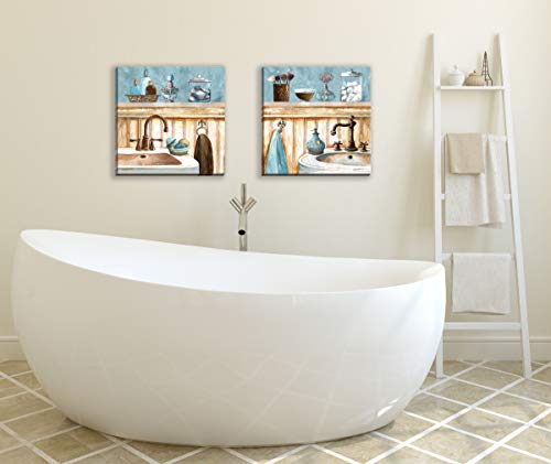 Gango Home Decor Powder Blue Bathroom Still Life Scenes; Two 12X12In Stretched Canvases; Ready To Hang! #TOP1