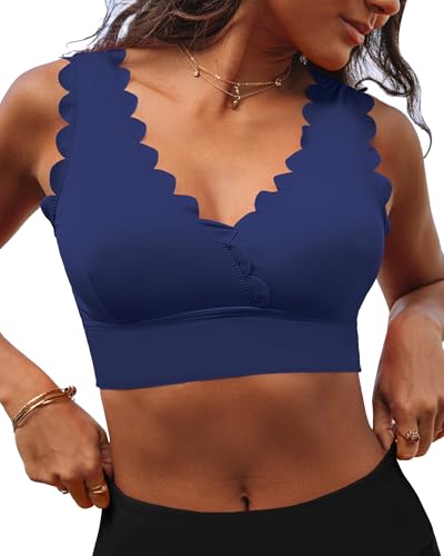 GRAPENT Bikini Tops for Women Scalloped Bathing Suit Beach Padded Adjustable Cropped Tankini Swimwear Swim Top Only