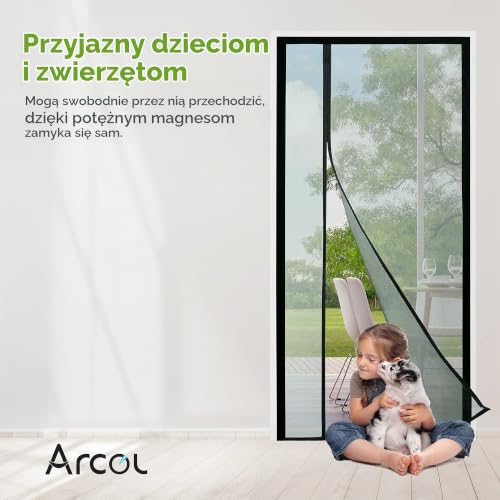 ARCOL Magnetyczna moskitiera Premium 95x220 cm z włókna szklanego - Stop komary w 3 min., ultracienka siatka przeciw owadom, otwarcie boczne, automatyczne zamykanie magnesami i ciężarkami, taśma na