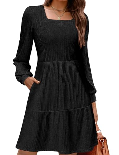 Zeagoo Kleider für Damen Herbstkleid Langarm A Linie Strickkleid mit Taschen Kleid Herbst Puffärmel Elegant Freizeitkleid für Herbst Winter Schwarz...