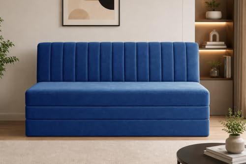 Image of 3-Seater Velvet Sofa Cum Bed | Convertible Sleeper Sofa | Modern Foldable Couch for Living Room, Bedroom & Office | Blue