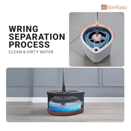 Image of BonKaso 360 Spin Mop with Drop Bucket Deluxe System Set and Reusable Microfiber Pads for Wet & Dry Glass, Wall, Tile and Home Floor Cleaning - Grey and Orange