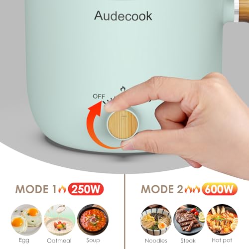 Audecook Elektrische Hot Pot und Dampfgarer, 1.5L Tragbare Mini Antihaft Multikocher, Schneller Ramen Kocher, Travel Electric Bratpfanne mit Duale Leistungssteuerung für Steak/Suppe/Ei/Hafer(Grün)