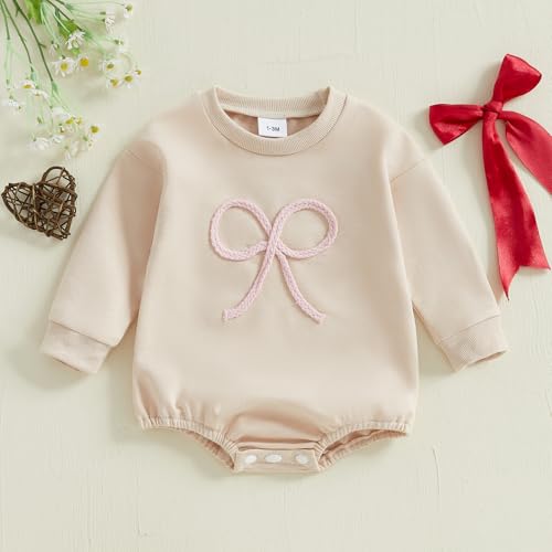Newborn Baby Girl Fall Outfit Bow Oversized Sweatshirt Bubble Romper Long Sleeve Sweater Bodysuit One-Piece Jumpsuit2