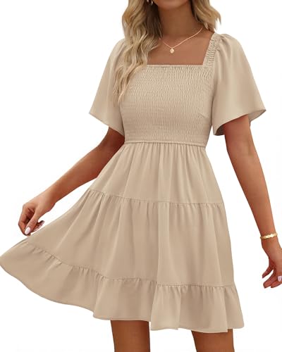 Image of BTFBM Womens Summer Smocked Mini Dress Spring Square Neck Flutter Sleeve Casual Ruffle Swing Boho Beach Dresses Pockets